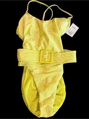 Bikini Lab Yellow Luster Rib Texture Belted Swimsuit NWT